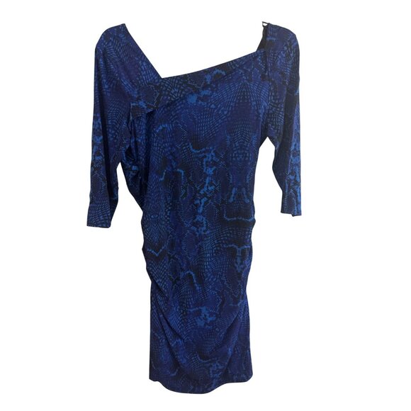 Jennifer Lopez Blue Snake Print Ruched Dress Women L Polyester Blend 3/4 Sleeve - Picture 4 of 4